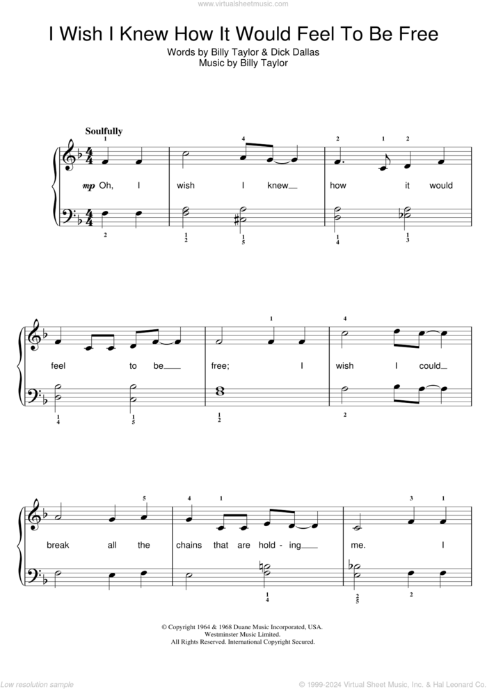 I Wish I Knew How It Would Feel To Be Free, (easy) sheet music for piano solo by Nina Simone, Billy Taylor and Dick Dallas, easy skill level