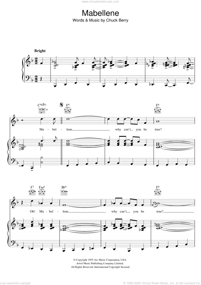 Maybellene sheet music for voice, piano or guitar by Chuck Berry, intermediate skill level