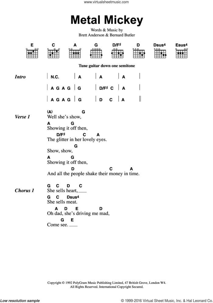 Metal Mickey sheet music for guitar (chords) by Suede, Bernard Butler and Brett Anderson, intermediate skill level