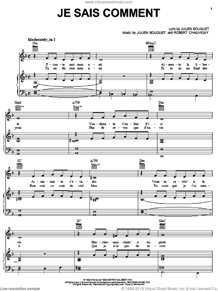 Je Sais Comment sheet music for voice, piano or guitar by Edith Piaf, Julien Bouquet and Robert Chauvigny, intermediate skill level