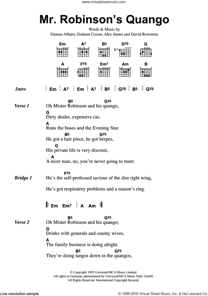 Mr. Robinson's Quango sheet music for guitar (chords) by Blur, Alex James, Damon Albarn, David Rowntree and Graham Coxon, intermediate skill level