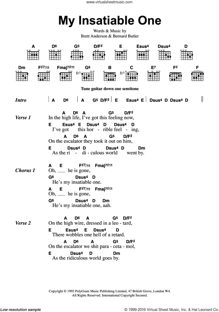 My Insatiable One sheet music for guitar (chords) by Suede, Bernard Butler and Brett Anderson, intermediate skill level