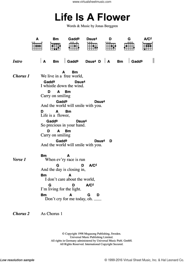 Life Is A Flower sheet music for guitar (chords) by Ace Of Base and Jonas Berggren, intermediate skill level