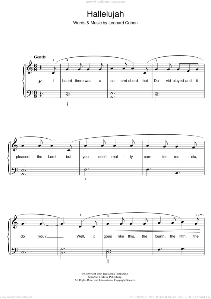 Hallelujah sheet music for piano solo by Leonard Cohen, Jeff Buckley, John Cale, k.d. lang and Rufus Wainwright, easy skill level