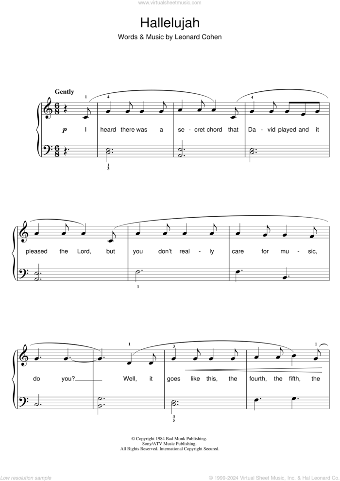 Hallelujah sheet music for piano solo by Leonard Cohen, Jeff Buckley, John Cale, k.d. lang and Rufus Wainwright, easy skill level