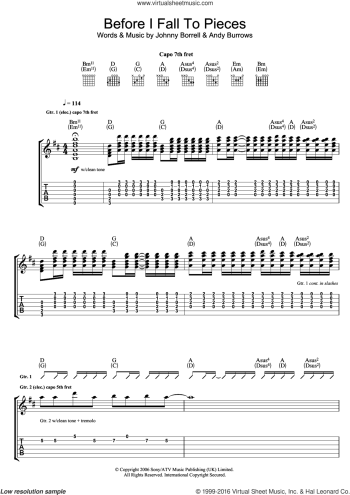 Before I Fall To Pieces sheet music for guitar (tablature) by Razorlight, Andy Burrows and Johnny Borrell, intermediate skill level