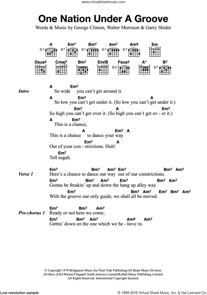 One Nation Under A Groove sheet music for guitar (chords) by Funkadelic, Garry Shider, George Clinton and Walter Morrison, intermediate skill level