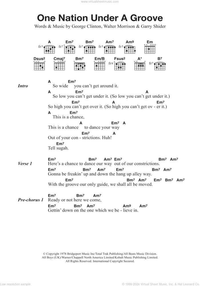 One Nation Under A Groove sheet music for guitar (chords) by Funkadelic, Garry Shider, George Clinton and Walter Morrison, intermediate skill level