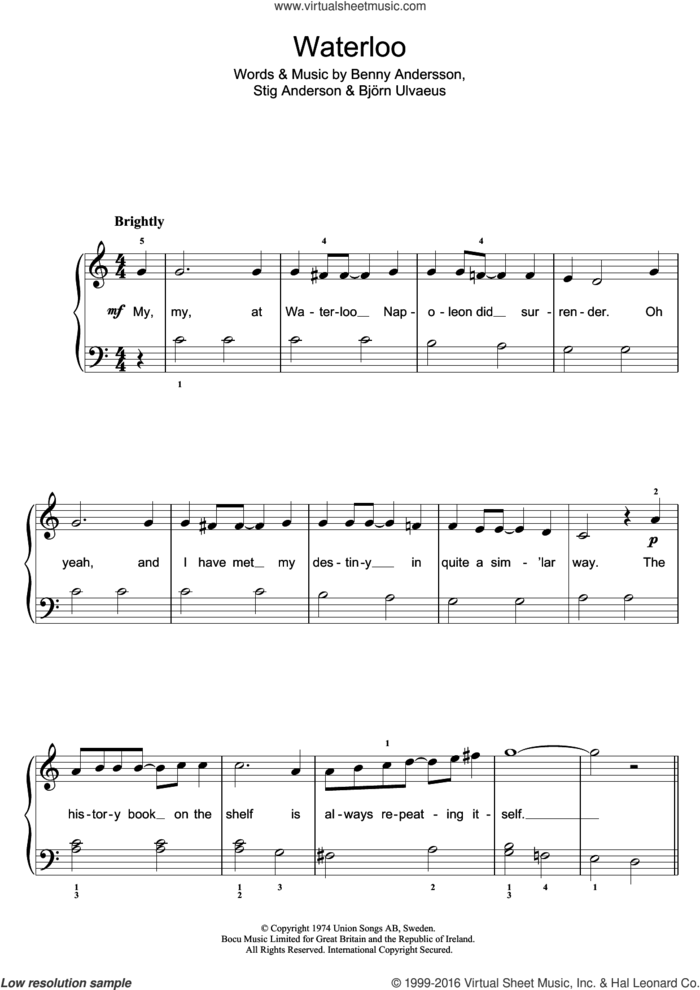 Waterloo sheet music for piano solo by ABBA, Benny Andersson, Bjorn Ulvaeus and Stig Anderson, easy skill level