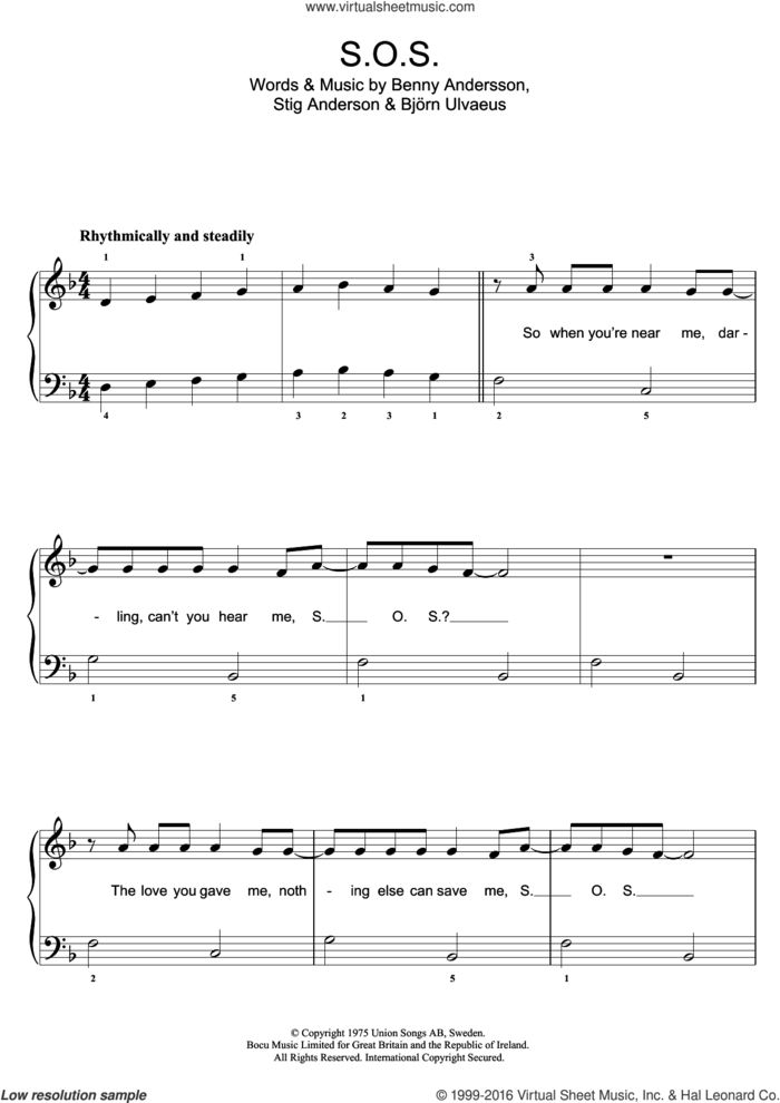 S.O.S. sheet music for piano solo by ABBA, Benny Andersson, Bjorn Ulvaeus and Stig Anderson, easy skill level