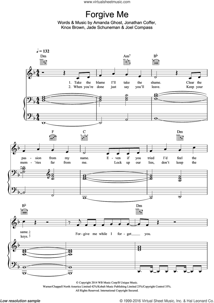 Forgive Me sheet music for voice, piano or guitar by Joel Compass, Amanda Ghost, Jade Schuneman, Jonathan Coffer and Knox Brown, intermediate skill level