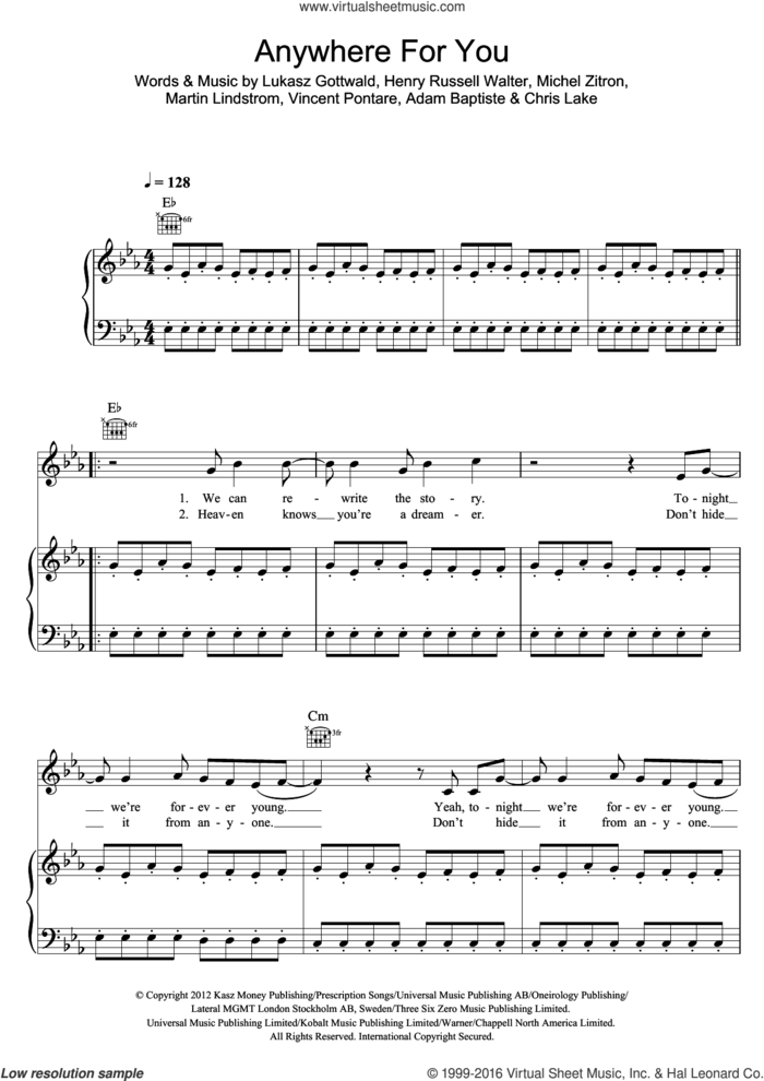 Anywhere For You sheet music for voice, piano or guitar by John Martin, Adam Baptiste, Chris Lake, Henry Russell Walter, Lukasz Gottwald, Martin Lindstrom, Michel Zitron and Vincent Pontare, intermediate skill level