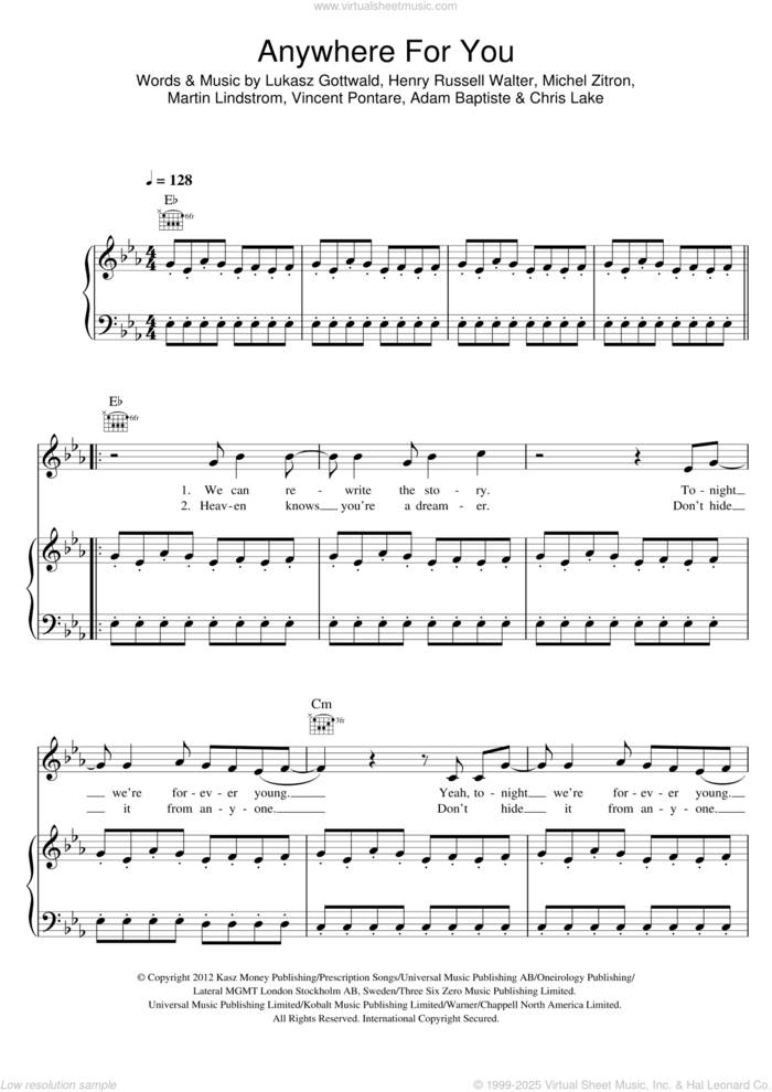 Anywhere For You sheet music for voice, piano or guitar by John Martin, Adam Baptiste, Chris Lake, Henry Russell Walter, Lukasz Gottwald, Martin Lindstrom, Michel Zitron and Vincent Pontare, intermediate skill level