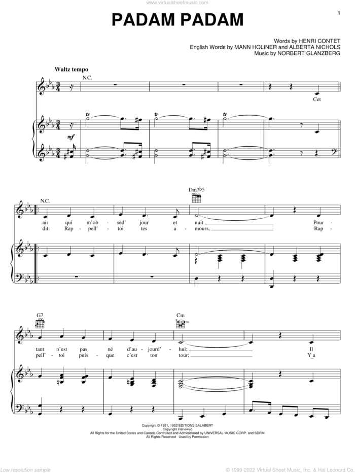 Padam Padam sheet music for voice, piano or guitar by Edith Piaf, Alberta Nichols, Henri Contet, Mann Holiner and Norbert Glanzberg, intermediate skill level