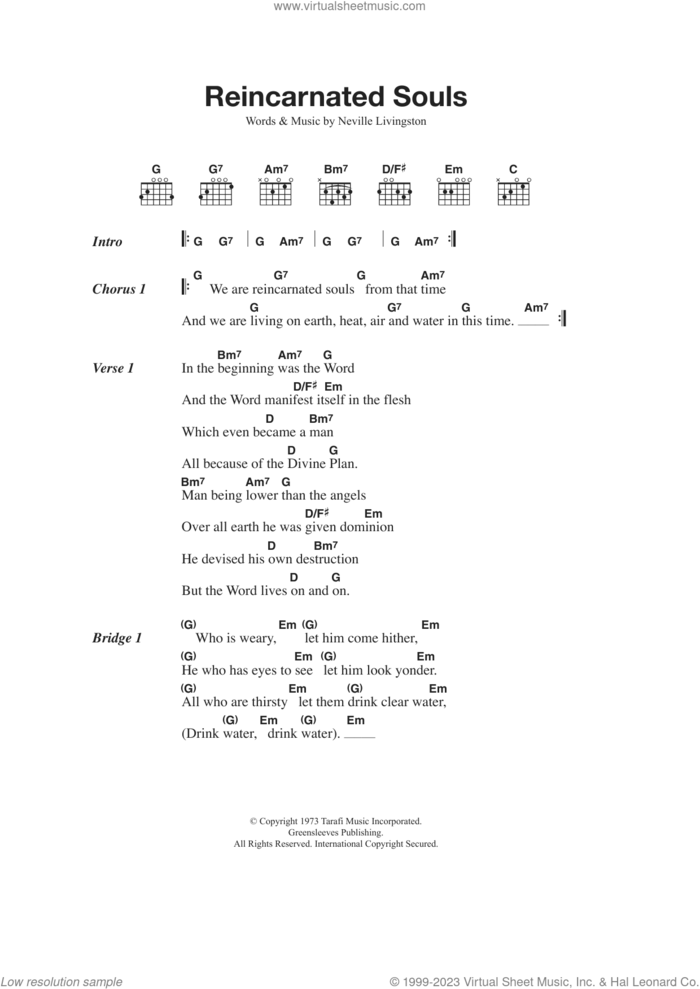 Reincarnated Souls sheet music for guitar (chords) by Bob Marley and Neville Livingston, intermediate skill level