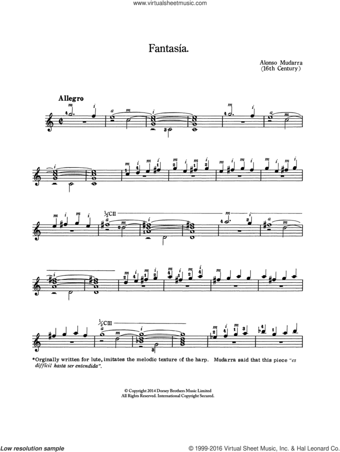 Fantasia sheet music for guitar solo (chords) by Alonso De Mudarra and Alonso de Mudurra, classical score, easy guitar (chords)