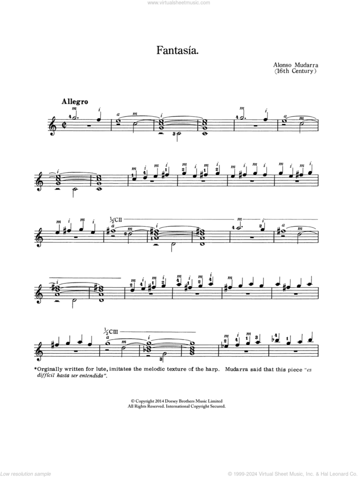 Fantasia sheet music for guitar solo (chords) by Alonso De Mudarra and Alonso de Mudurra, classical score, easy guitar (chords)