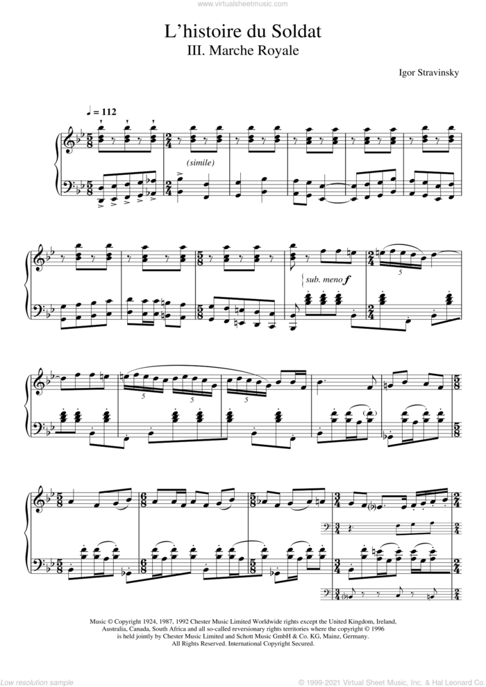 L'histoire Du Soldat, III. Marche Royale sheet music for piano solo by Igor Stravinsky, classical score, intermediate skill level