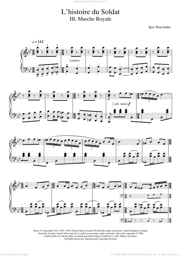 L'histoire Du Soldat, III. Marche Royale sheet music for piano solo by Igor Stravinsky, classical score, intermediate skill level