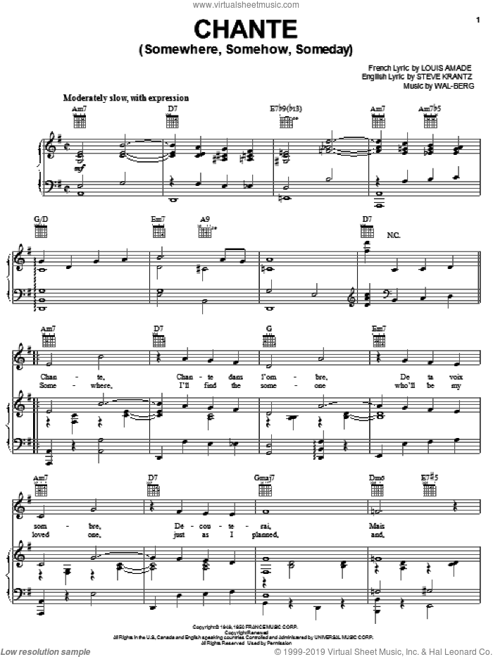 Chante (Somewhere, Somehow, Someday) sheet music for voice, piano or guitar by Steve Krantz, Louis Amade and Wal-Berg, intermediate skill level