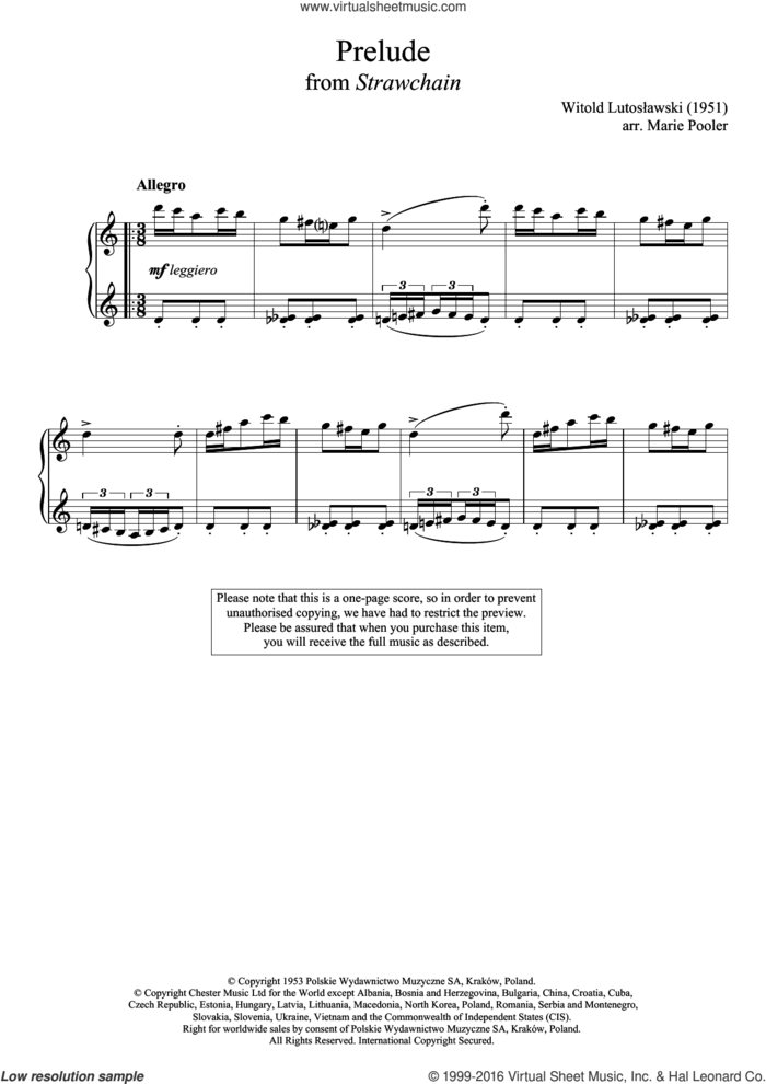 Prelude (from 'Strawchain') sheet music for piano solo by Witold Lutoslawski, classical score, intermediate skill level