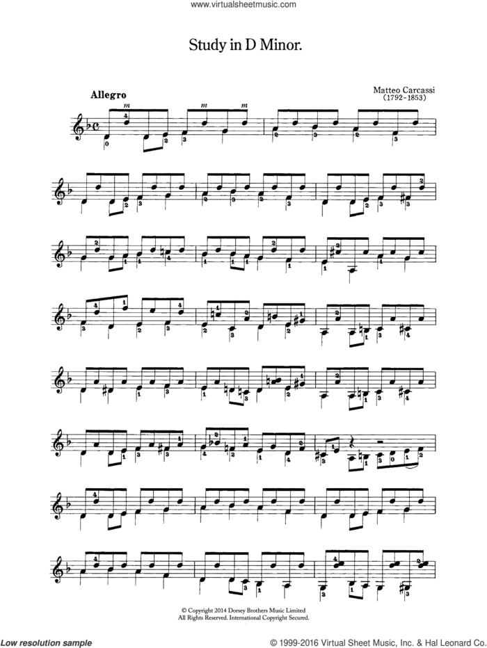 Study In D Minor sheet music for guitar solo (chords) by Matteo Carcassi, classical score, easy guitar (chords)