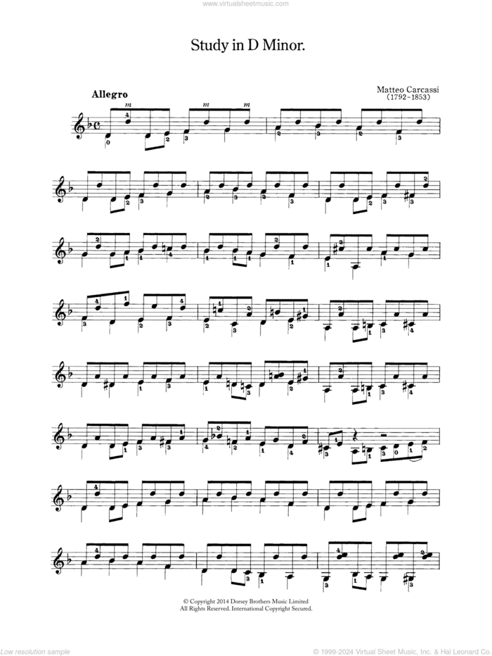 Study In D Minor sheet music for guitar solo (chords) by Matteo Carcassi, classical score, easy guitar (chords)