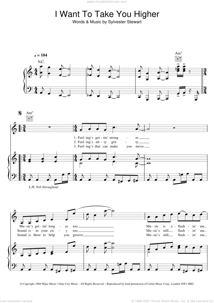 I Want To Take You Higher sheet music for voice, piano or guitar by Sly And The Family Stone, The Commitments and Sylvester Stewart, intermediate skill level