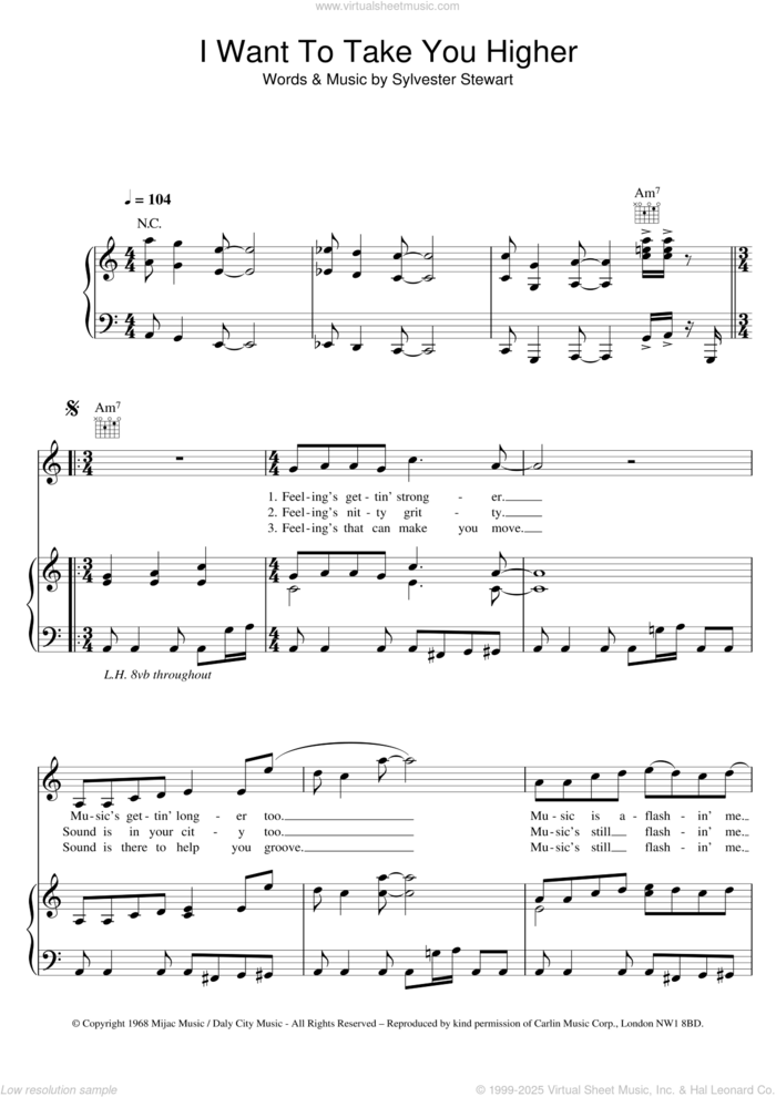 I Want To Take You Higher sheet music for voice, piano or guitar by Sly And The Family Stone, The Commitments and Sylvester Stewart, intermediate skill level