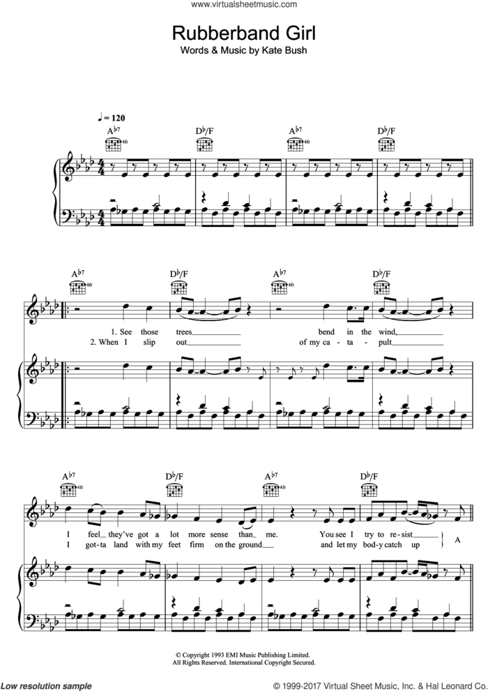 Rubberband Girl sheet music for voice, piano or guitar by Kate Bush, intermediate skill level