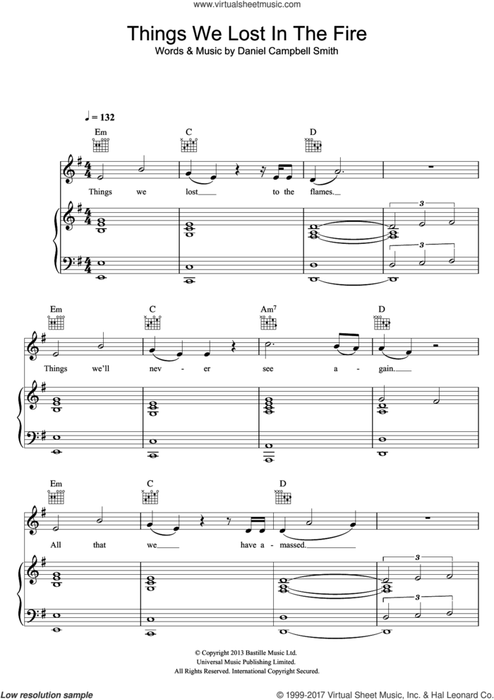 Things We Lost In The Fire sheet music for voice, piano or guitar by Bastille and Daniel Campbell Smith, intermediate skill level