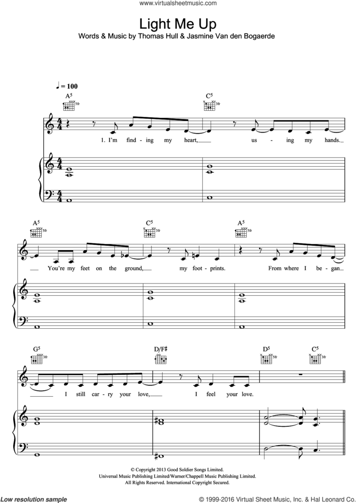 Light Me Up sheet music for voice, piano or guitar by Birdy, Jasmine Van den Bogaerde and Tom Hull, intermediate skill level