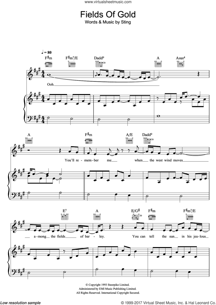 Fields Of Gold sheet music for voice, piano or guitar by Eva Cassidy and Sting, intermediate skill level