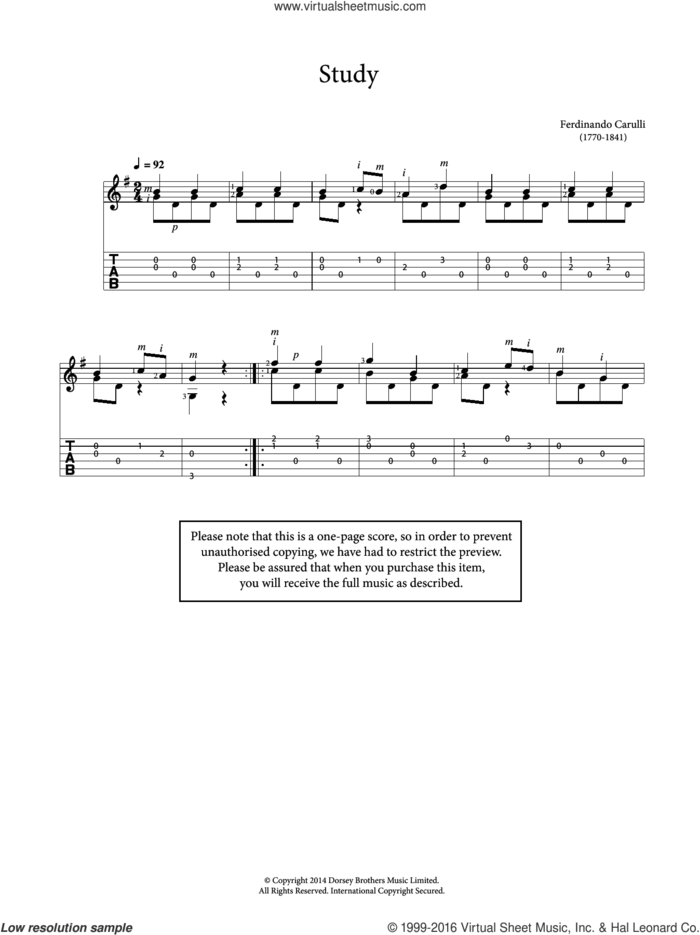Study sheet music for guitar solo (chords) by Ferdinando Carulli and Fernando Carulli, classical score, easy guitar (chords)