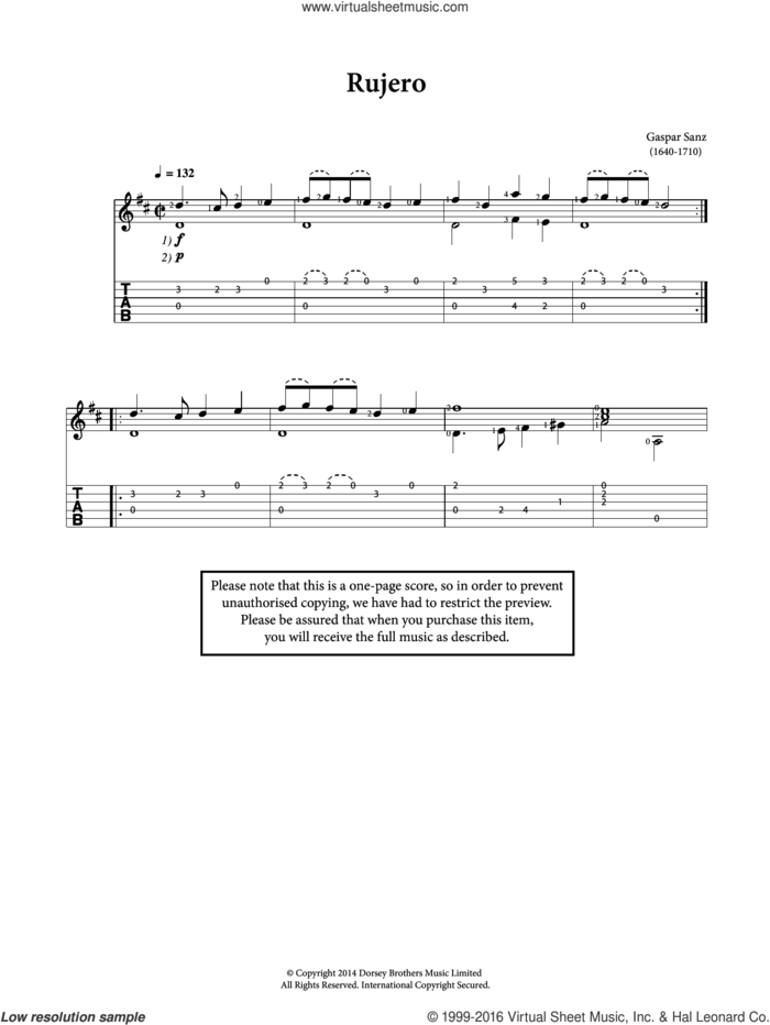 Rujero sheet music for guitar solo (chords) by Gaspar Sanz, classical score, easy guitar (chords)