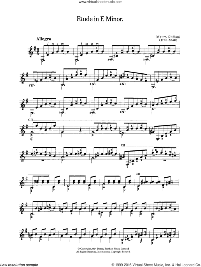 Etude In E Minor sheet music for guitar solo (chords) by Mauro Giuliani, classical score, easy guitar (chords)