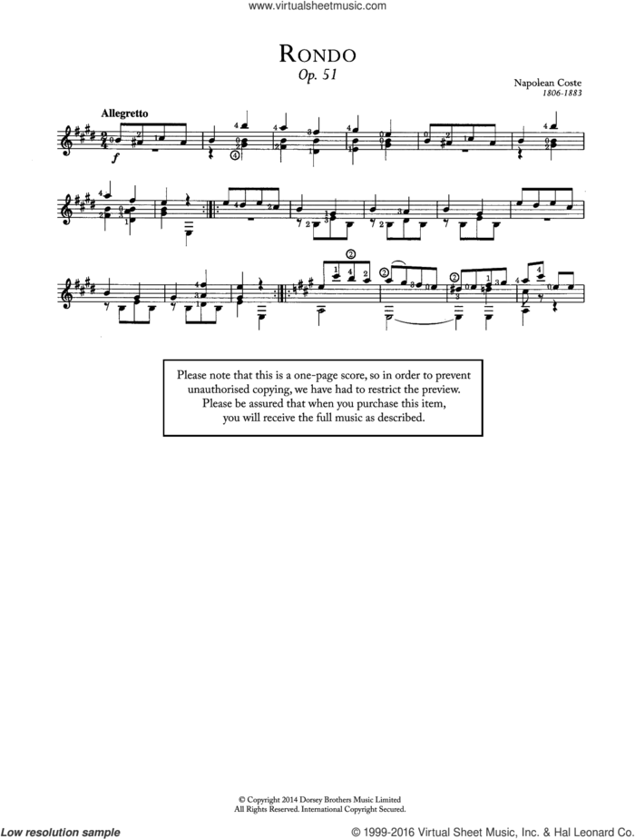 Rondo, Op.51 sheet music for guitar solo (chords) by Napoleon Coste, classical score, easy guitar (chords)