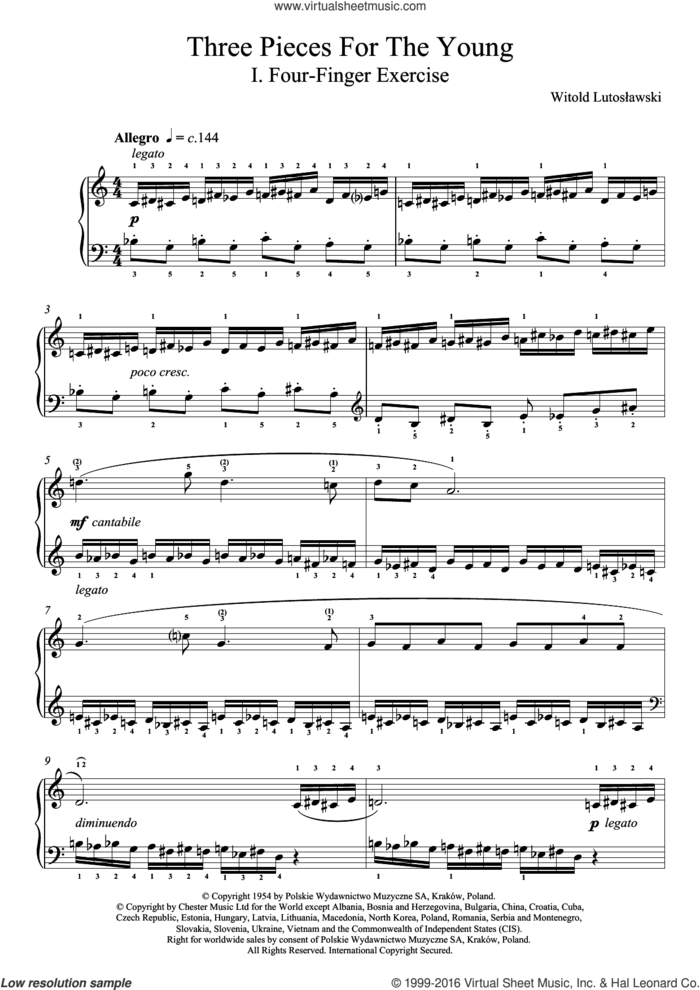 Three Pieces For The Young, 1. Four Finger Exercise sheet music for piano solo by Witold Lutoslawski, classical score, intermediate skill level