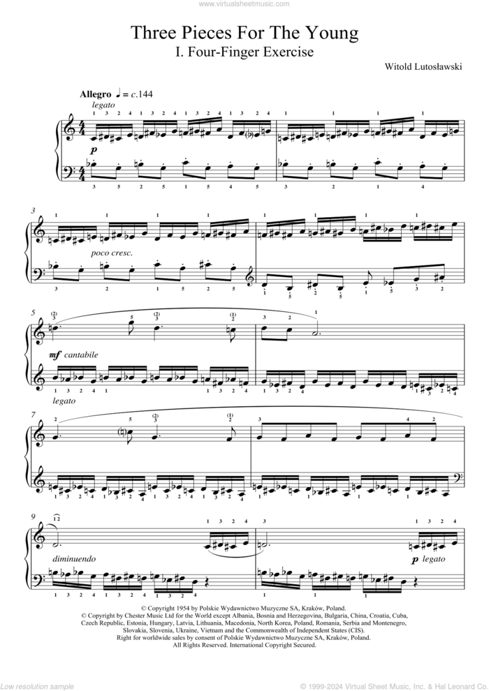 Three Pieces For The Young, 1. Four Finger Exercise sheet music for piano solo by Witold Lutoslawski, classical score, intermediate skill level