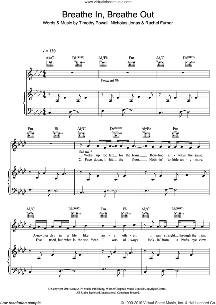Breathe In, Breathe Out sheet music for voice, piano or guitar by Tich, Nicholas Jonas, Rachel Furner and Timothy Powell, intermediate skill level