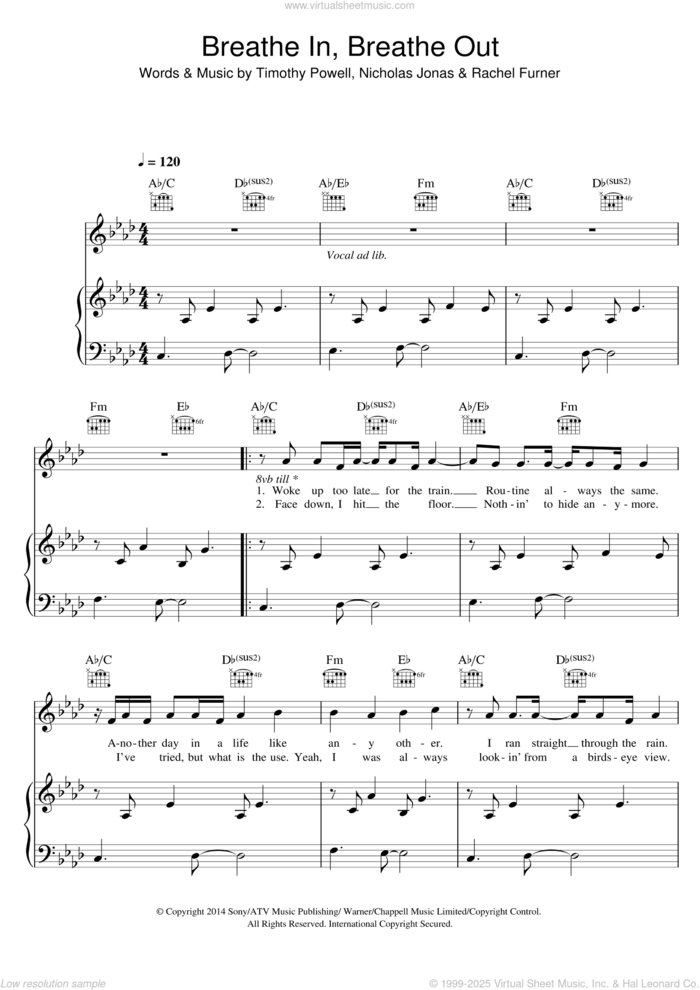 Breathe In, Breathe Out sheet music for voice, piano or guitar by Tich, Nicholas Jonas, Rachel Furner and Timothy Powell, intermediate skill level