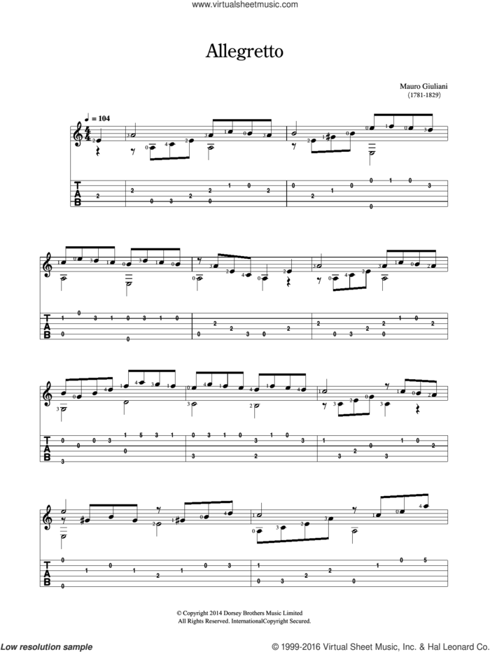 Allegretto sheet music for guitar solo (chords) by Mauro Giuliani, classical score, easy guitar (chords)