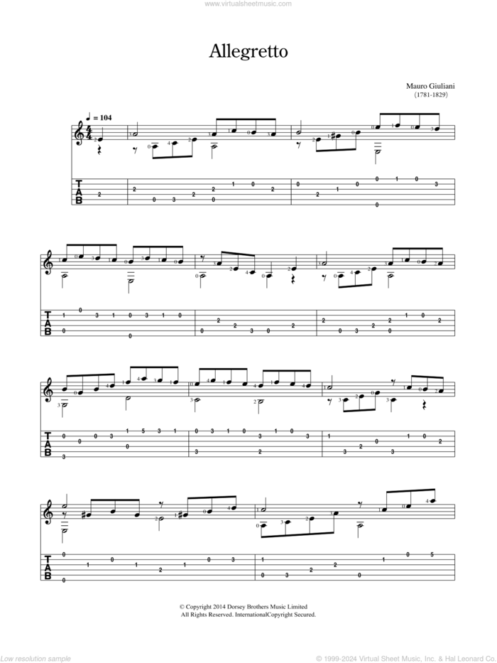 Allegretto sheet music for guitar solo (chords) by Mauro Giuliani, classical score, easy guitar (chords)