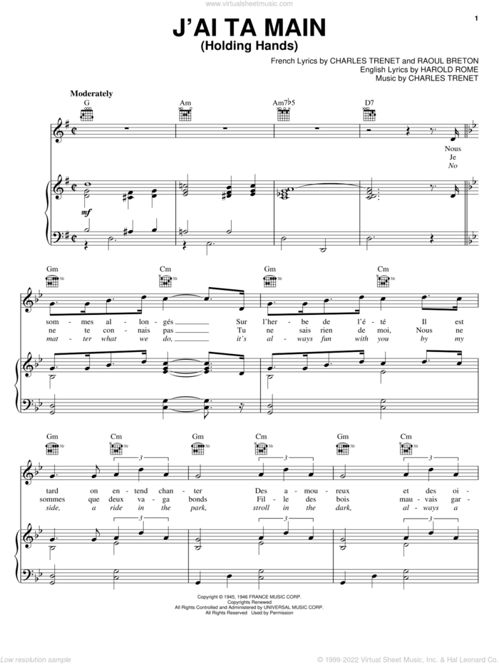 J'ai Ta Main (Holding Hands) sheet music for voice, piano or guitar by Charles Trenet, Harold Rome and Raoul Breton, intermediate skill level
