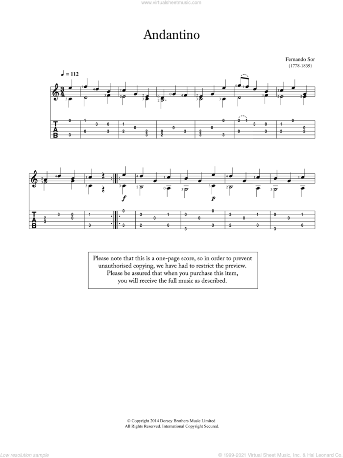 Andantino sheet music for guitar solo (chords) by Fernando Sor, classical score, easy guitar (chords)