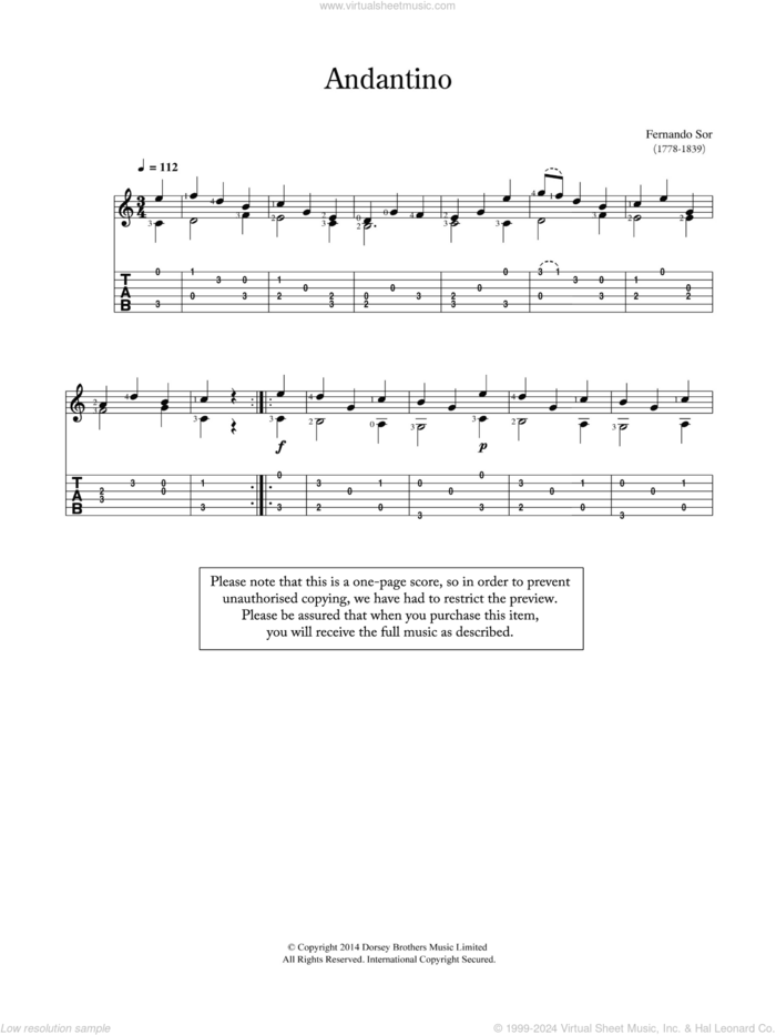 Andantino sheet music for guitar solo (chords) by Fernando Sor, classical score, easy guitar (chords)