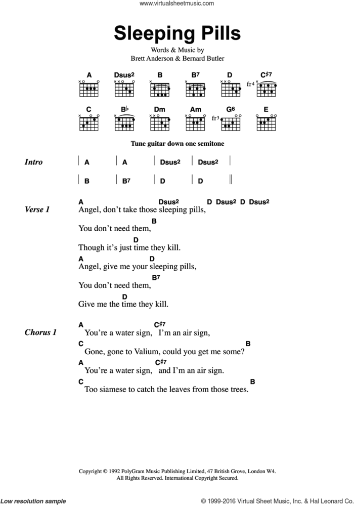 Sleeping Pills sheet music for guitar (chords) by Suede, Bernard Butler and Brett Anderson, intermediate skill level