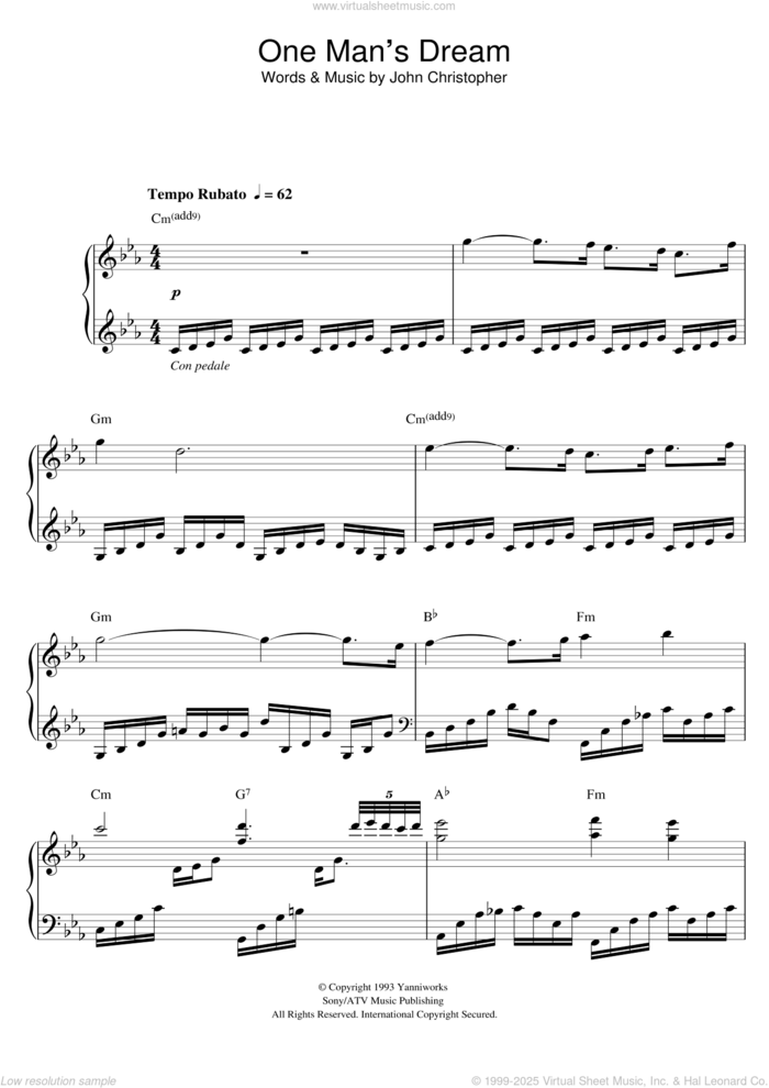 One Man's Dream sheet music for voice, piano or guitar by Yanni and John Christopher, intermediate skill level