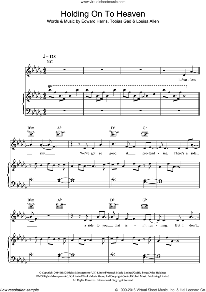 Holding Onto Heaven sheet music for voice, piano or guitar by Foxes, Eddie Harris, Louisa Allen and Toby Gad, intermediate skill level