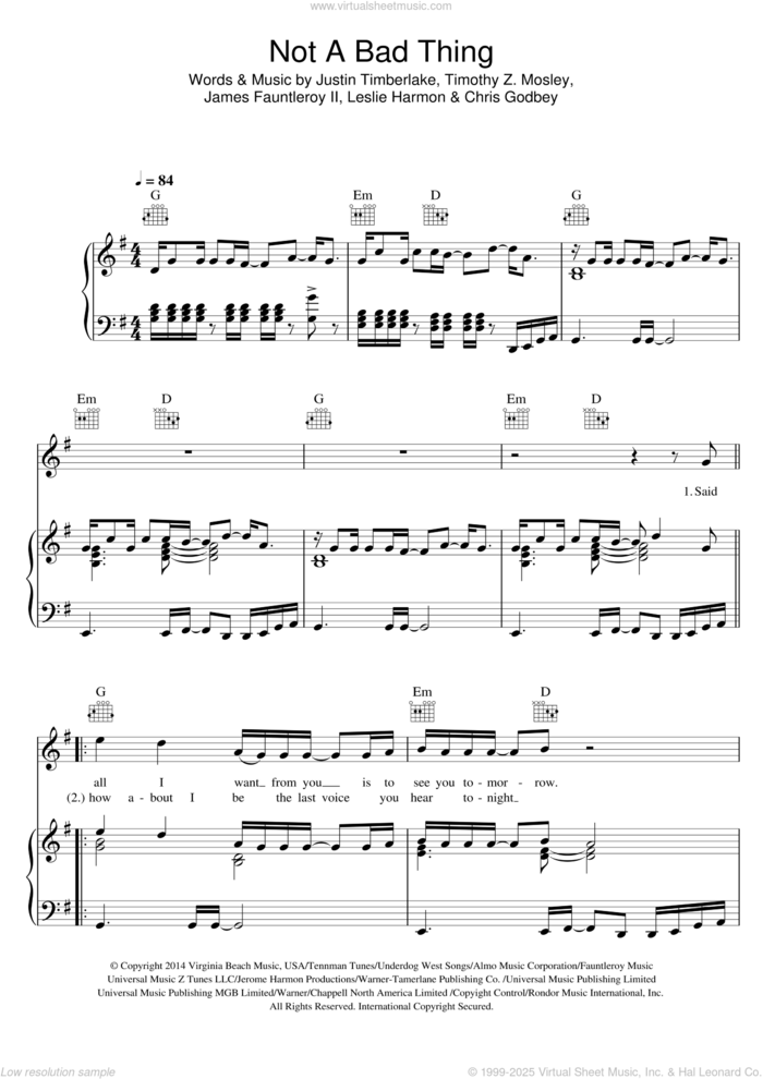 Not A Bad Thing sheet music for voice, piano or guitar by Justin Timberlake, Chris Godbey, James Fauntleroy, Leslie Harmon and Tim Mosley, intermediate skill level